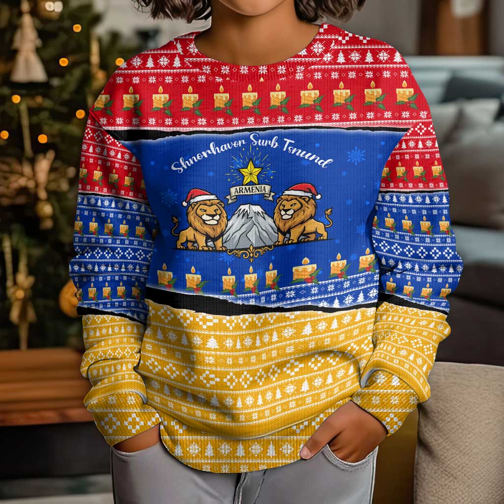 Armenia Christmas Kid Ugly Christmas Sweater with Shnorhavor Surb Tsnund Lions Flag Colors and Coat of Arms - Wonder Print Shop