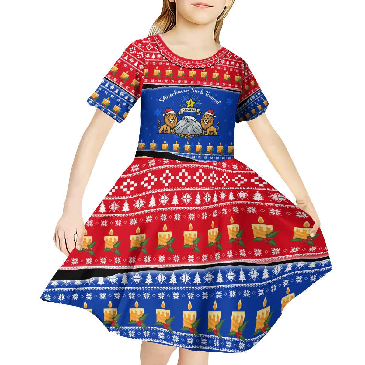 Armenia Christmas Kid Short Sleeve Dress with Shnorhavor Surb Tsnund Lions Flag Colors and Coat of Arms - Wonder Print Shop