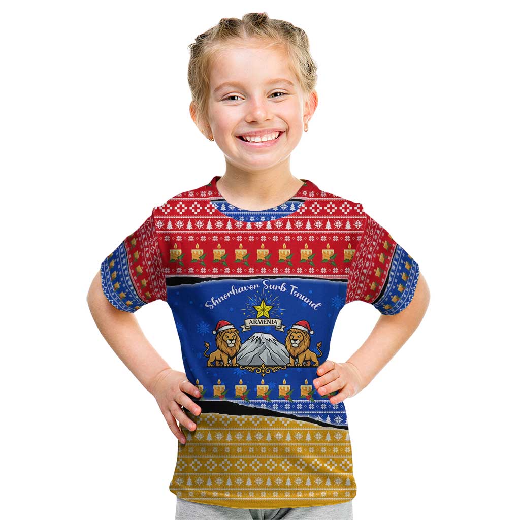 Armenia Christmas Kid T Shirt with Shnorhavor Surb Tsnund Lions Flag Colors and Coat of Arms - Wonder Print Shop