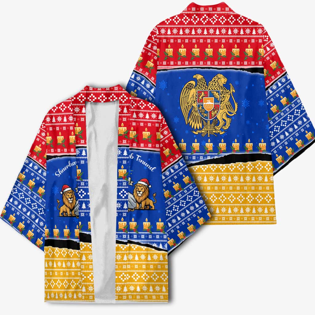 Armenia Christmas Kimono with Shnorhavor Surb Tsnund Lions Flag Colors and Coat of Arms - Wonder Print Shop