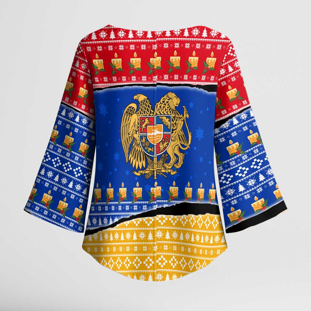 Armenia Christmas Kimono Sleeve Blouse with Shnorhavor Surb Tsnund Lions Flag Colors and Coat of Arms - Wonder Print Shop