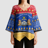 Armenia Christmas Kimono Sleeve Blouse with Shnorhavor Surb Tsnund Lions Flag Colors and Coat of Arms - Wonder Print Shop