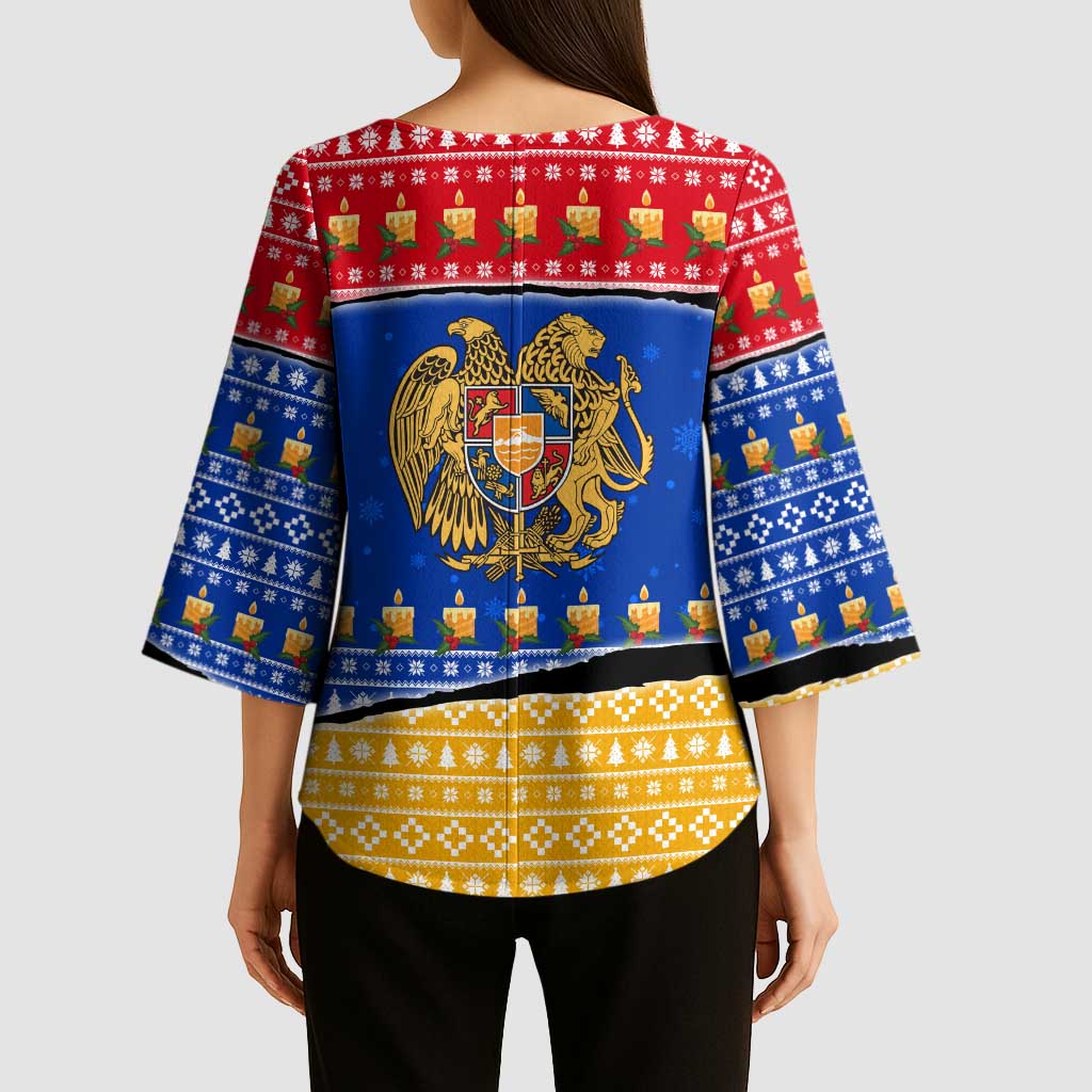 Armenia Christmas Kimono Sleeve Blouse with Shnorhavor Surb Tsnund Lions Flag Colors and Coat of Arms - Wonder Print Shop