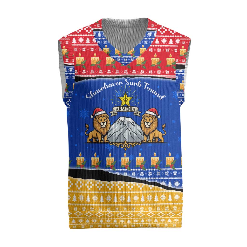 Armenia Christmas Knitted V-Neck Vest with Shnorhavor Surb Tsnund Lions Flag Colors and Coat of Arms - Wonder Print Shop