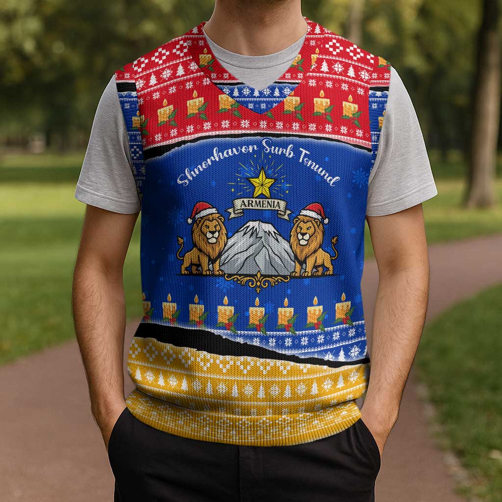 Armenia Christmas Knitted V-Neck Vest with Shnorhavor Surb Tsnund Lions Flag Colors and Coat of Arms - Wonder Print Shop