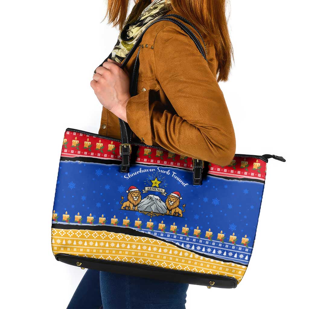 Armenia Christmas Leather Tote Bag with Shnorhavor Surb Tsnund Lions Flag Colors and Coat of Arms - Wonder Print Shop