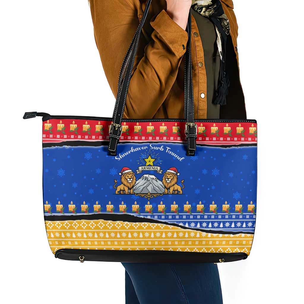 Armenia Christmas Leather Tote Bag with Shnorhavor Surb Tsnund Lions Flag Colors and Coat of Arms - Wonder Print Shop