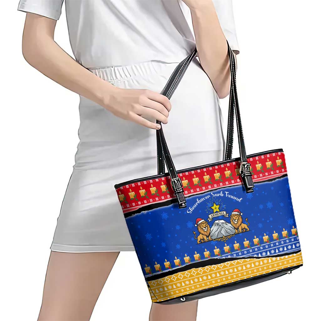 Armenia Christmas Leather Tote Bag with Shnorhavor Surb Tsnund Lions Flag Colors and Coat of Arms - Wonder Print Shop