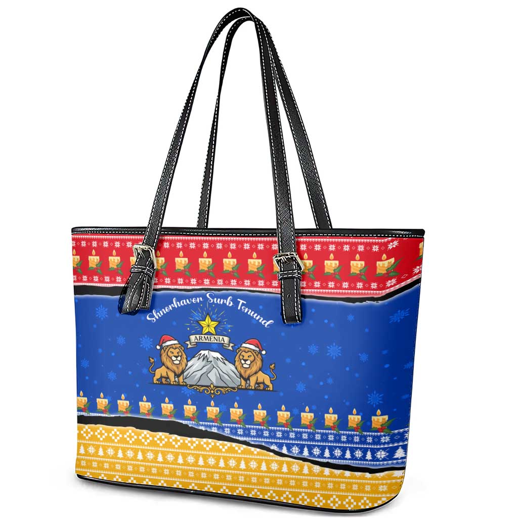 Armenia Christmas Leather Tote Bag with Shnorhavor Surb Tsnund Lions Flag Colors and Coat of Arms - Wonder Print Shop