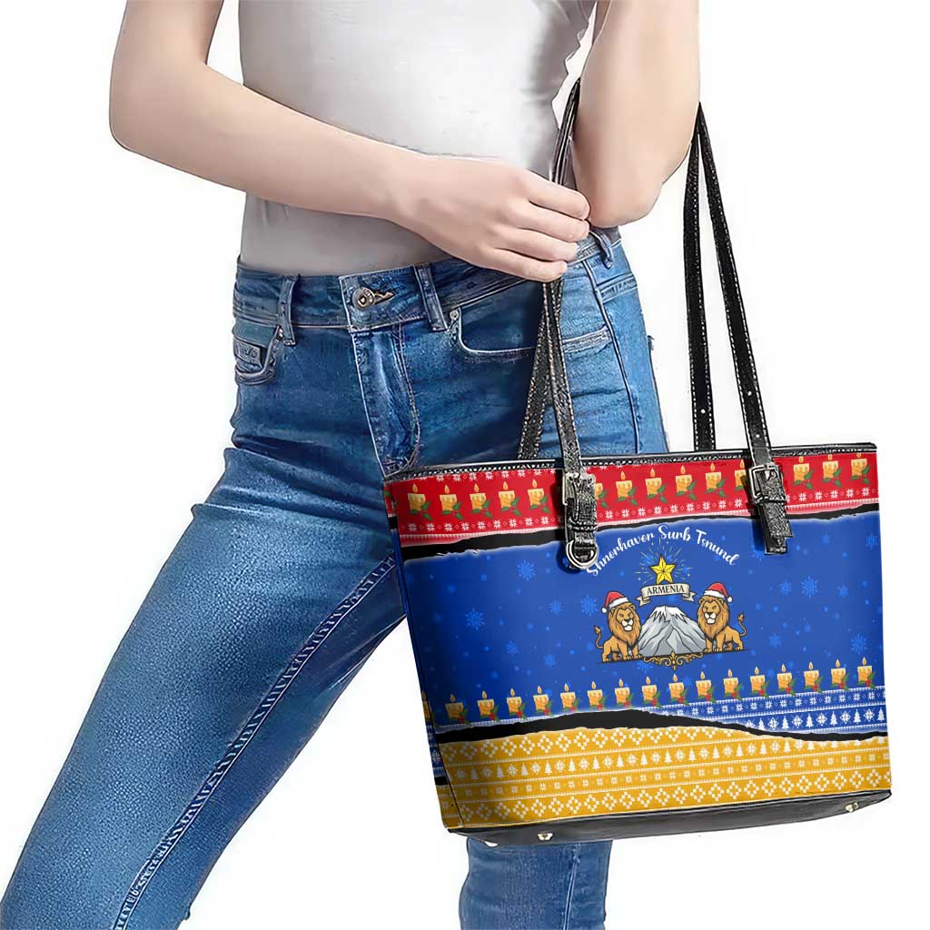 Armenia Christmas Leather Tote Bag with Shnorhavor Surb Tsnund Lions Flag Colors and Coat of Arms - Wonder Print Shop