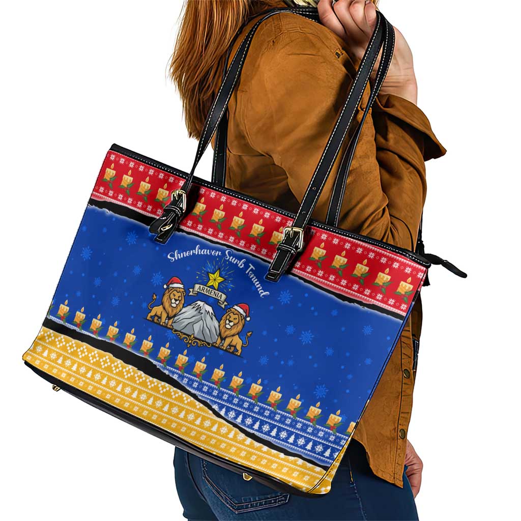 Armenia Christmas Leather Tote Bag with Shnorhavor Surb Tsnund Lions Flag Colors and Coat of Arms - Wonder Print Shop