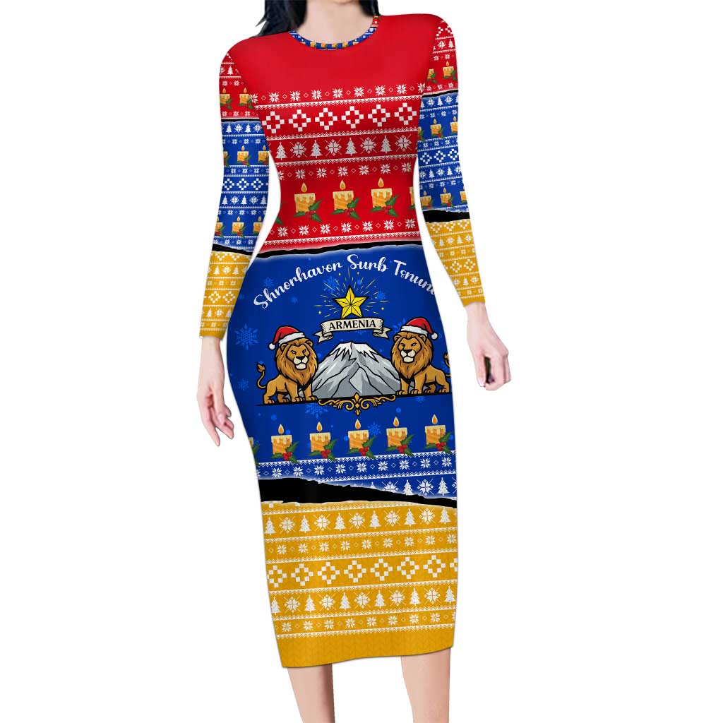 Armenia Christmas Long Sleeve Bodycon Dress with Shnorhavor Surb Tsnund Lions Flag Colors and Coat of Arms - Wonder Print Shop