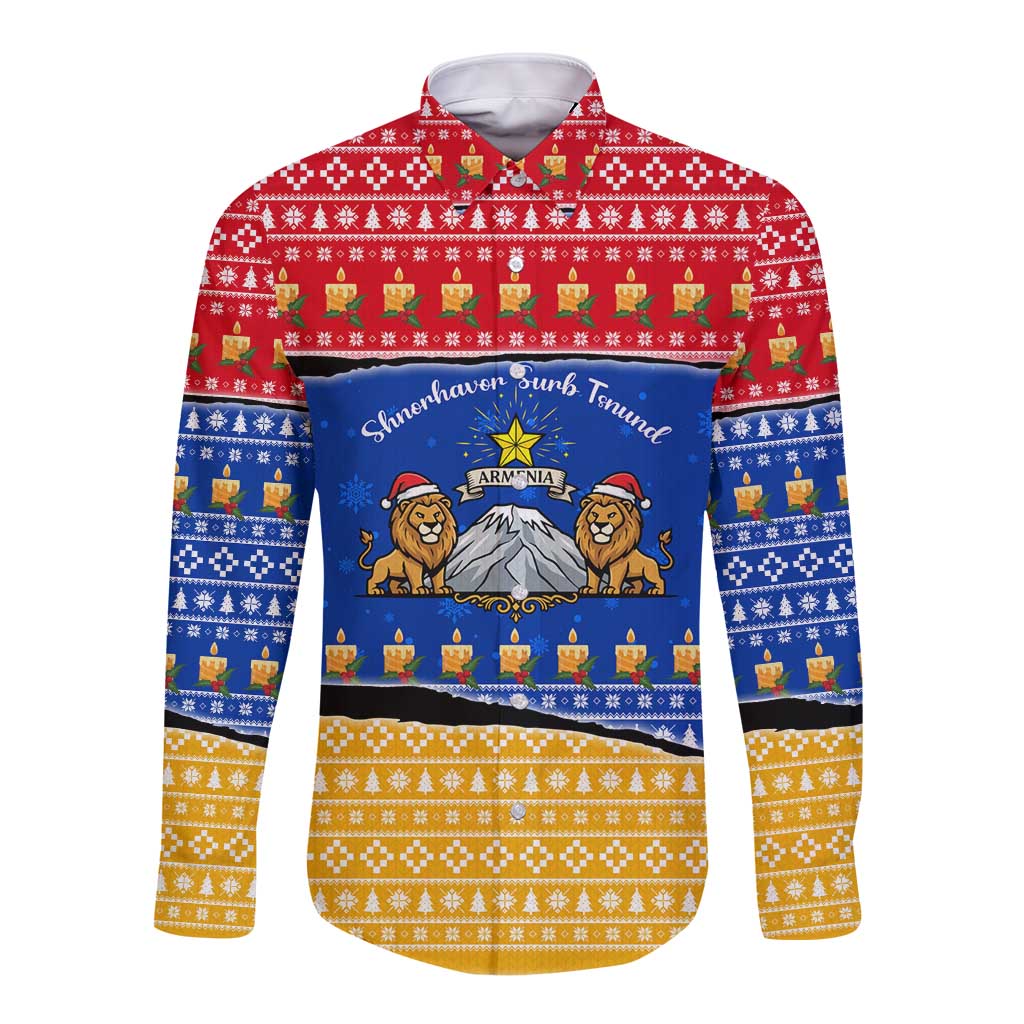 Armenia Christmas Long Sleeve Button Shirt with Shnorhavor Surb Tsnund Lions Flag Colors and Coat of Arms - Wonder Print Shop