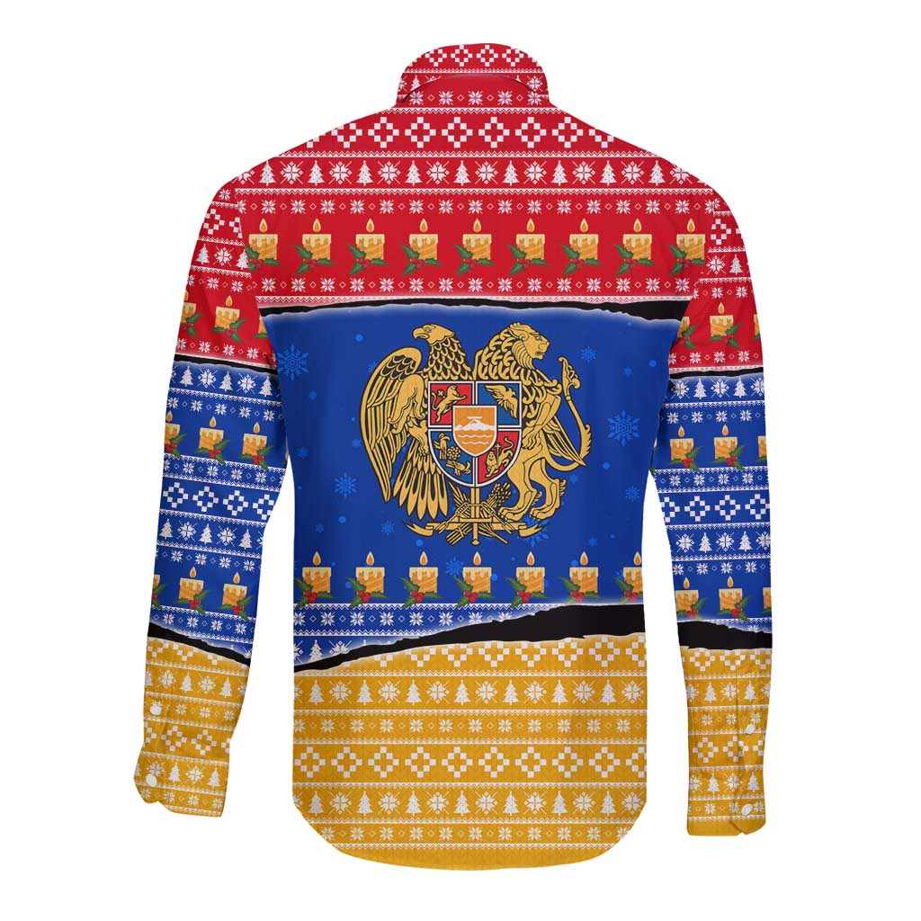Armenia Christmas Long Sleeve Button Shirt with Shnorhavor Surb Tsnund Lions Flag Colors and Coat of Arms - Wonder Print Shop