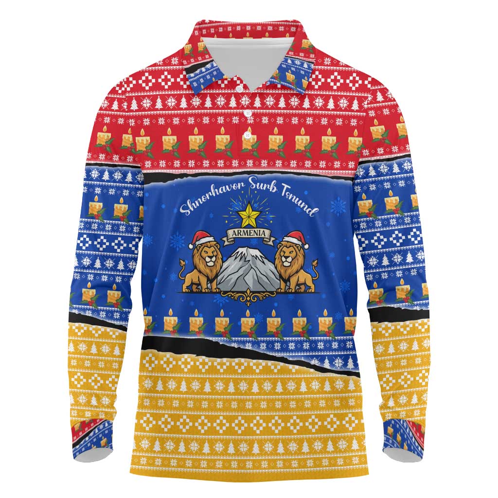 Armenia Christmas Long Sleeve Polo Shirt with Shnorhavor Surb Tsnund Lions Flag Colors and Coat of Arms - Wonder Print Shop