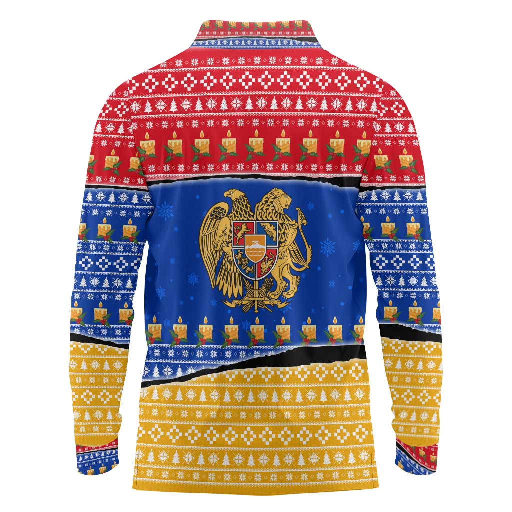 Armenia Christmas Long Sleeve Polo Shirt with Shnorhavor Surb Tsnund Lions Flag Colors and Coat of Arms - Wonder Print Shop