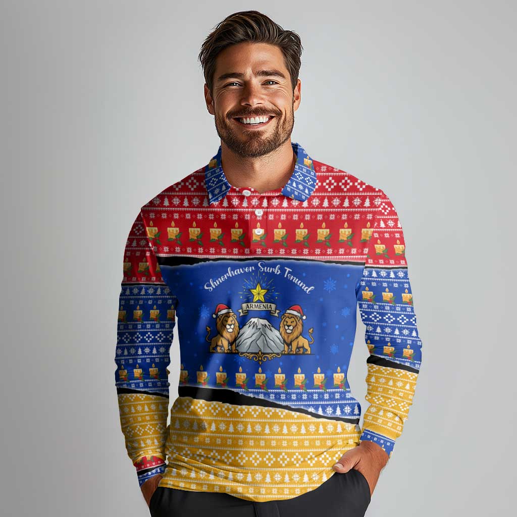 Armenia Christmas Long Sleeve Polo Shirt with Shnorhavor Surb Tsnund Lions Flag Colors and Coat of Arms - Wonder Print Shop