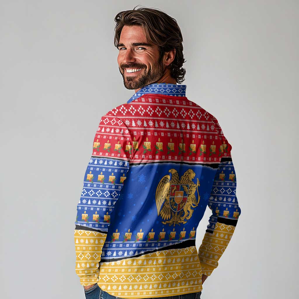 Armenia Christmas Long Sleeve Polo Shirt with Shnorhavor Surb Tsnund Lions Flag Colors and Coat of Arms - Wonder Print Shop