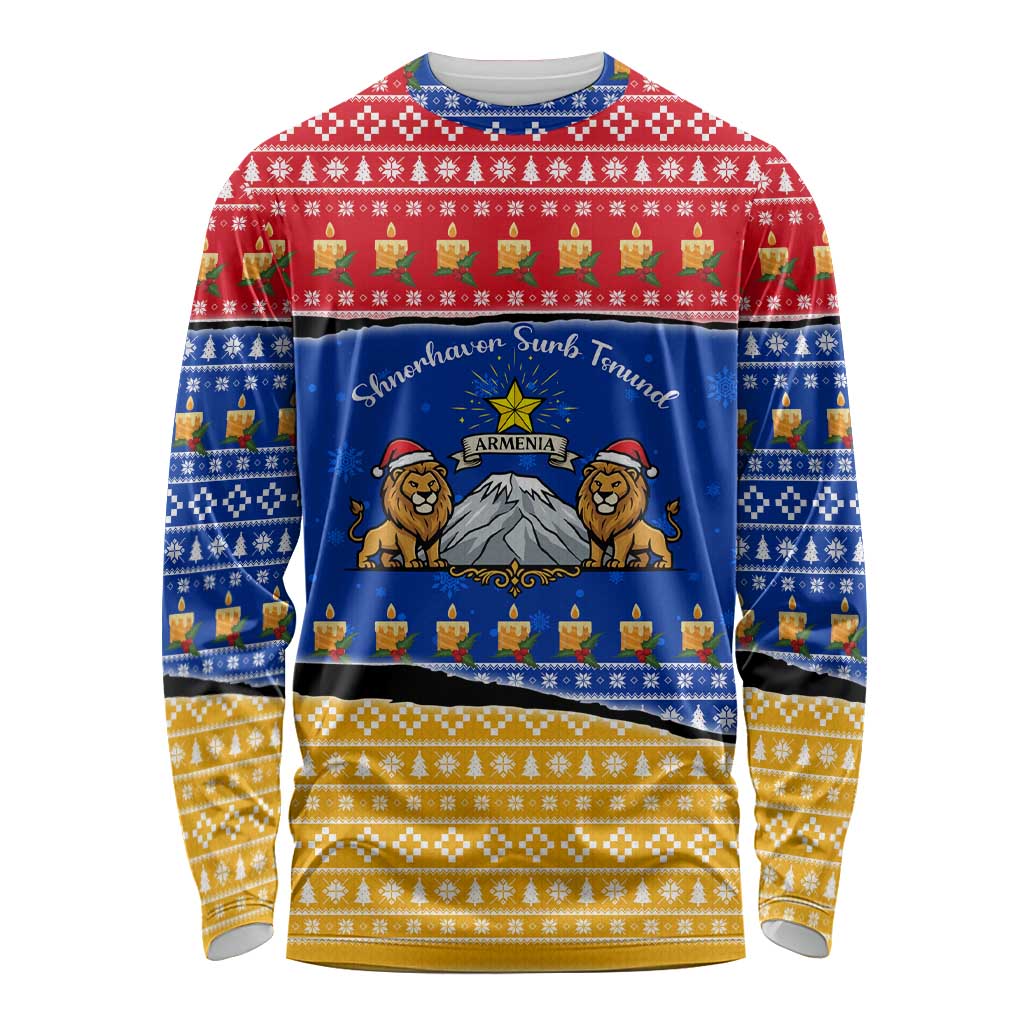 Armenia Christmas Long Sleeve Shirt with Shnorhavor Surb Tsnund Lions Flag Colors and Coat of Arms - Wonder Print Shop