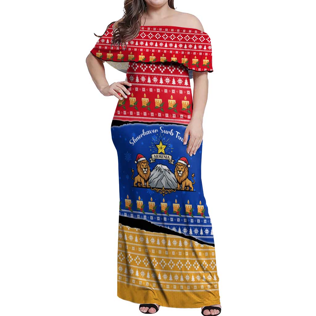 Armenia Christmas Off Shoulder Maxi Dress with Shnorhavor Surb Tsnund Lions Flag Colors and Coat of Arms - Wonder Print Shop