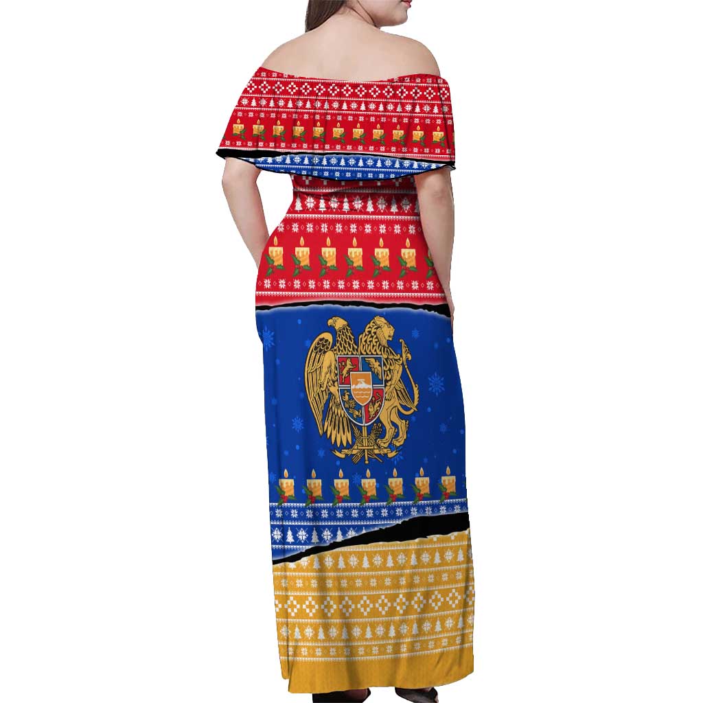 Armenia Christmas Off Shoulder Maxi Dress with Shnorhavor Surb Tsnund Lions Flag Colors and Coat of Arms - Wonder Print Shop