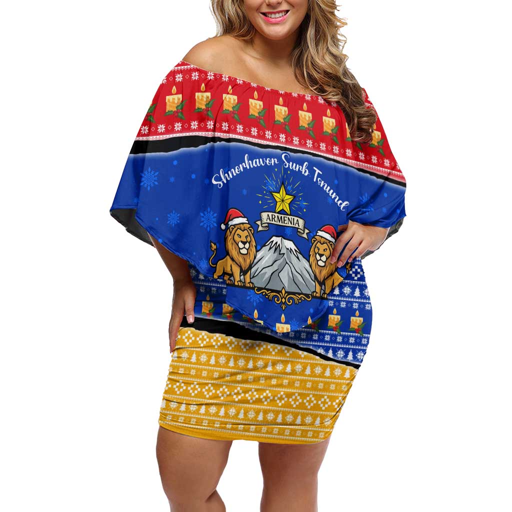 Armenia Christmas Off Shoulder Short Dress with Shnorhavor Surb Tsnund Lions Flag Colors and Coat of Arms - Wonder Print Shop