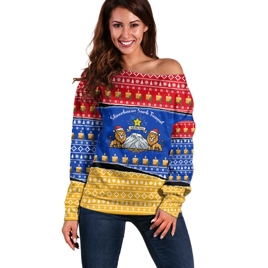 Armenia Christmas Off Shoulder Sweater with Shnorhavor Surb Tsnund Lions Flag Colors and Coat of Arms - Wonder Print Shop