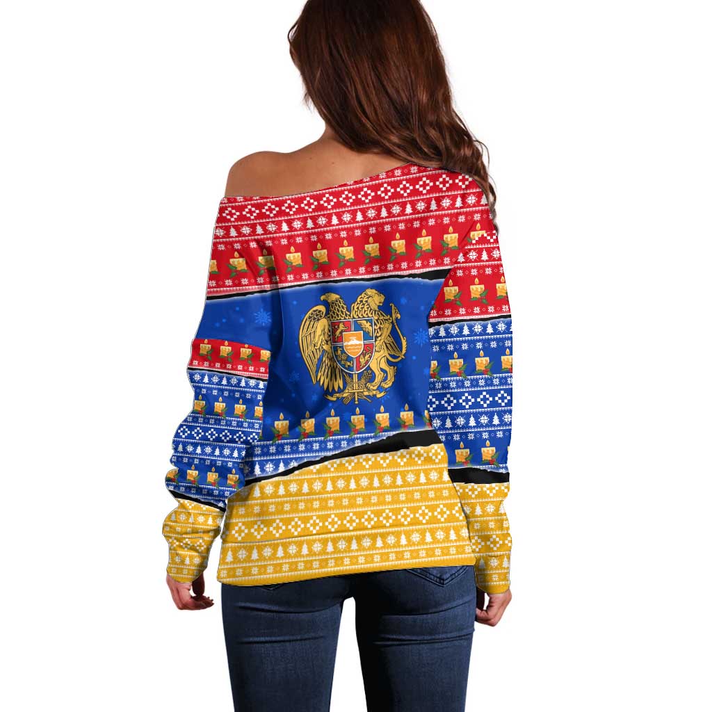 Armenia Christmas Off Shoulder Sweater with Shnorhavor Surb Tsnund Lions Flag Colors and Coat of Arms - Wonder Print Shop