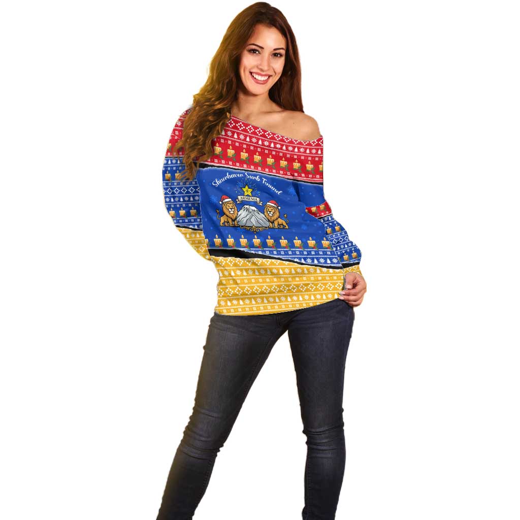Armenia Christmas Off Shoulder Sweater with Shnorhavor Surb Tsnund Lions Flag Colors and Coat of Arms - Wonder Print Shop