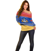 Armenia Christmas Off Shoulder Sweater with Shnorhavor Surb Tsnund Lions Flag Colors and Coat of Arms - Wonder Print Shop