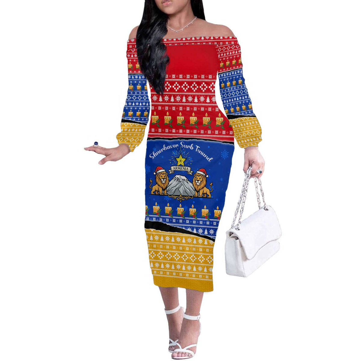 Armenia Christmas Off The Shoulder Long Sleeve Dress with Shnorhavor Surb Tsnund Lions Flag Colors and Coat of Arms - Wonder Print Shop