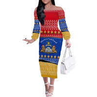 Armenia Christmas Off The Shoulder Long Sleeve Dress with Shnorhavor Surb Tsnund Lions Flag Colors and Coat of Arms - Wonder Print Shop