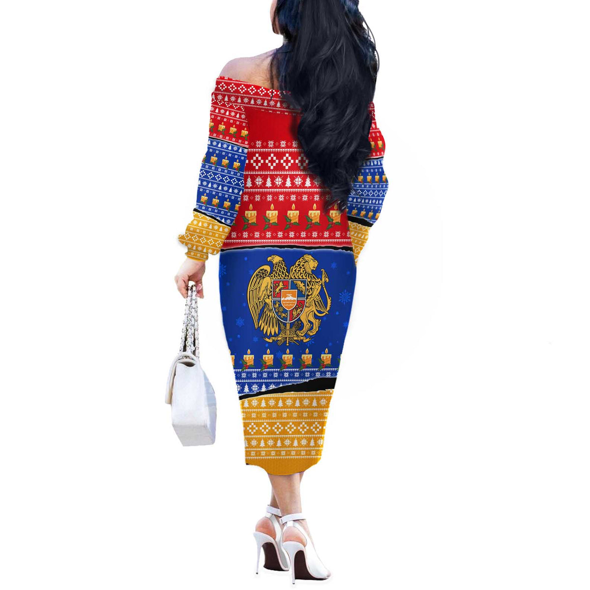 Armenia Christmas Off The Shoulder Long Sleeve Dress with Shnorhavor Surb Tsnund Lions Flag Colors and Coat of Arms - Wonder Print Shop