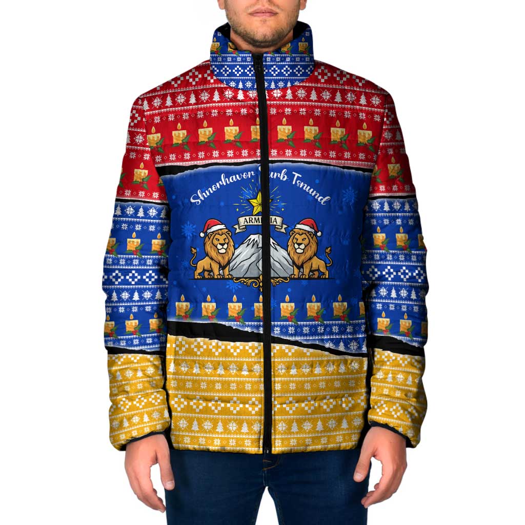 Armenia Christmas Padded Jacket with Shnorhavor Surb Tsnund Lions Flag Colors and Coat of Arms - Wonder Print Shop