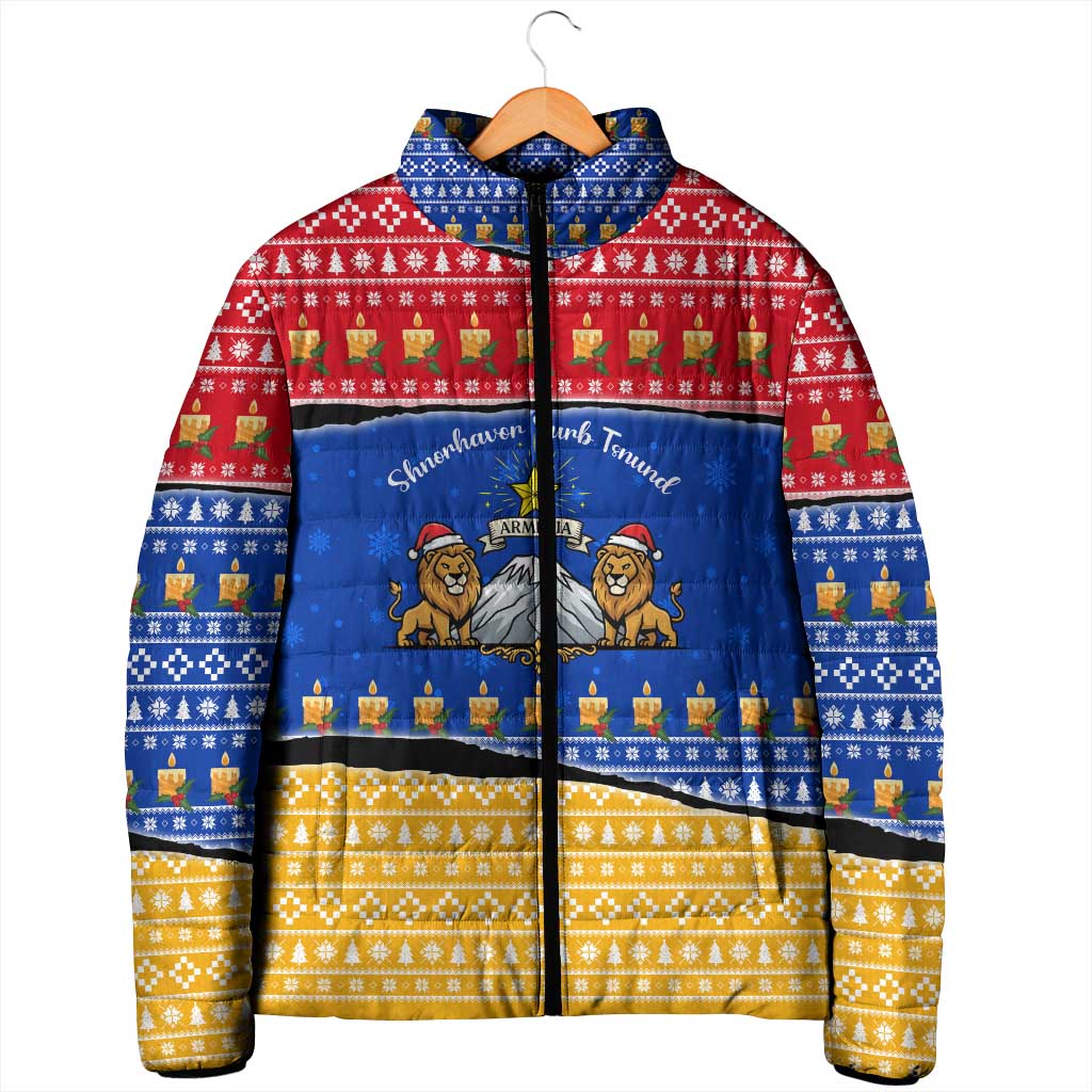 Armenia Christmas Padded Jacket with Shnorhavor Surb Tsnund Lions Flag Colors and Coat of Arms - Wonder Print Shop