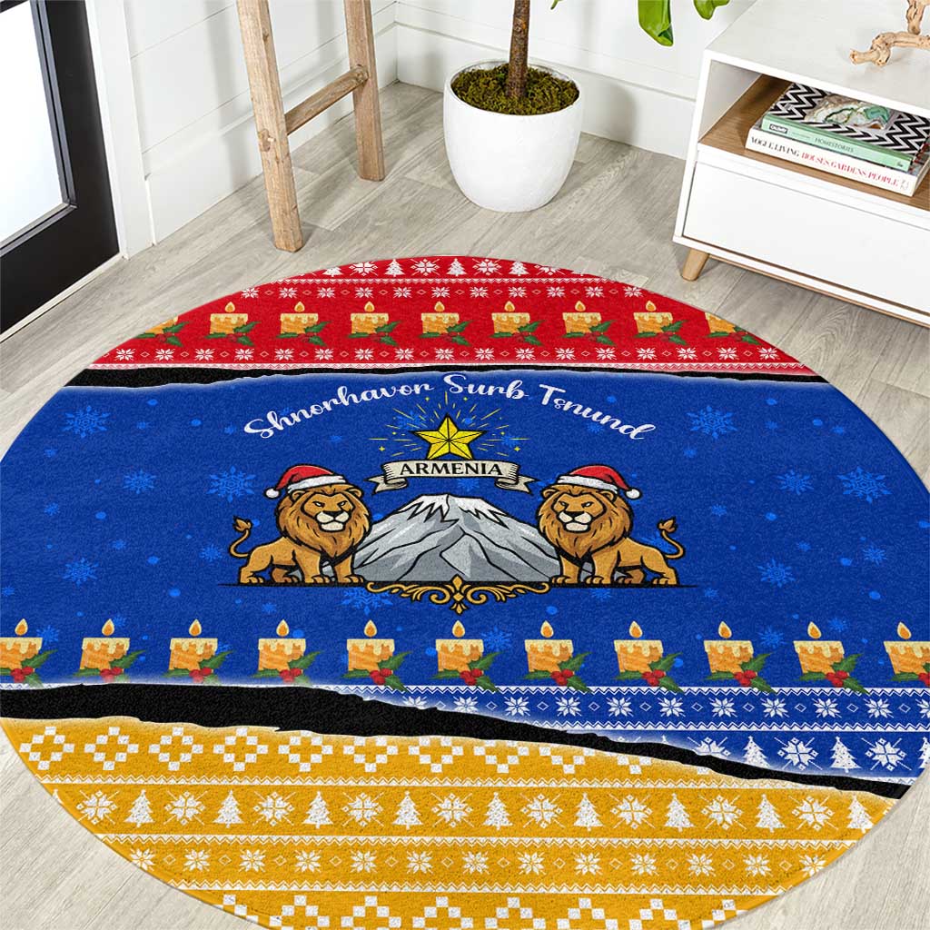 Armenia Christmas Round Carpet with Shnorhavor Surb Tsnund Lions Flag Colors and Coat of Arms - Wonder Print Shop