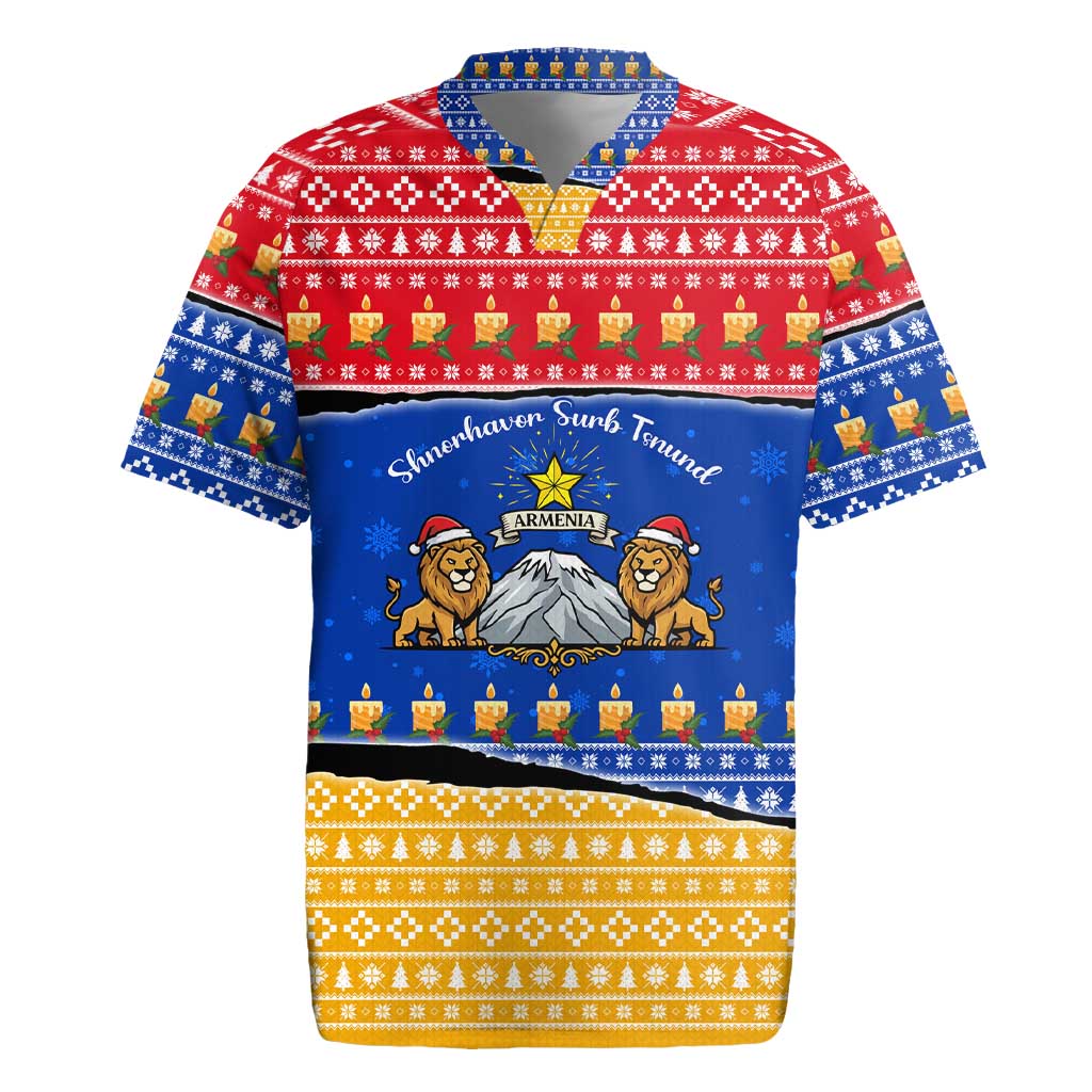 Armenia Christmas Rugby Jersey with Shnorhavor Surb Tsnund Lions Flag Colors and Coat of Arms - Wonder Print Shop