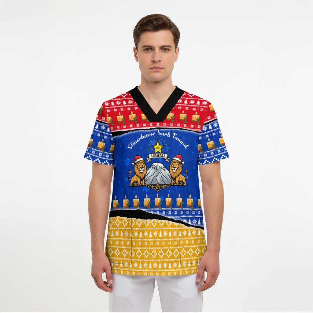 Armenia Christmas Scrub Top with Shnorhavor Surb Tsnund Lions Flag Colors and Coat of Arms - Wonder Print Shop