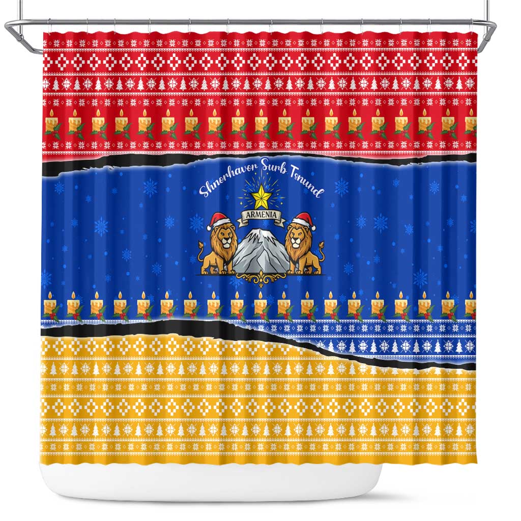 Armenia Christmas Shower Curtain with Shnorhavor Surb Tsnund Lions Flag Colors and Coat of Arms - Wonder Print Shop