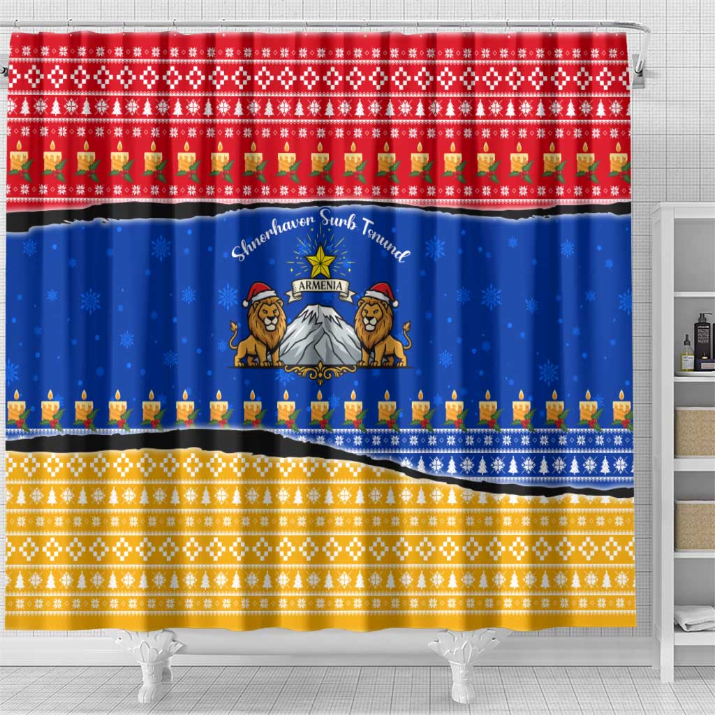 Armenia Christmas Shower Curtain with Shnorhavor Surb Tsnund Lions Flag Colors and Coat of Arms - Wonder Print Shop