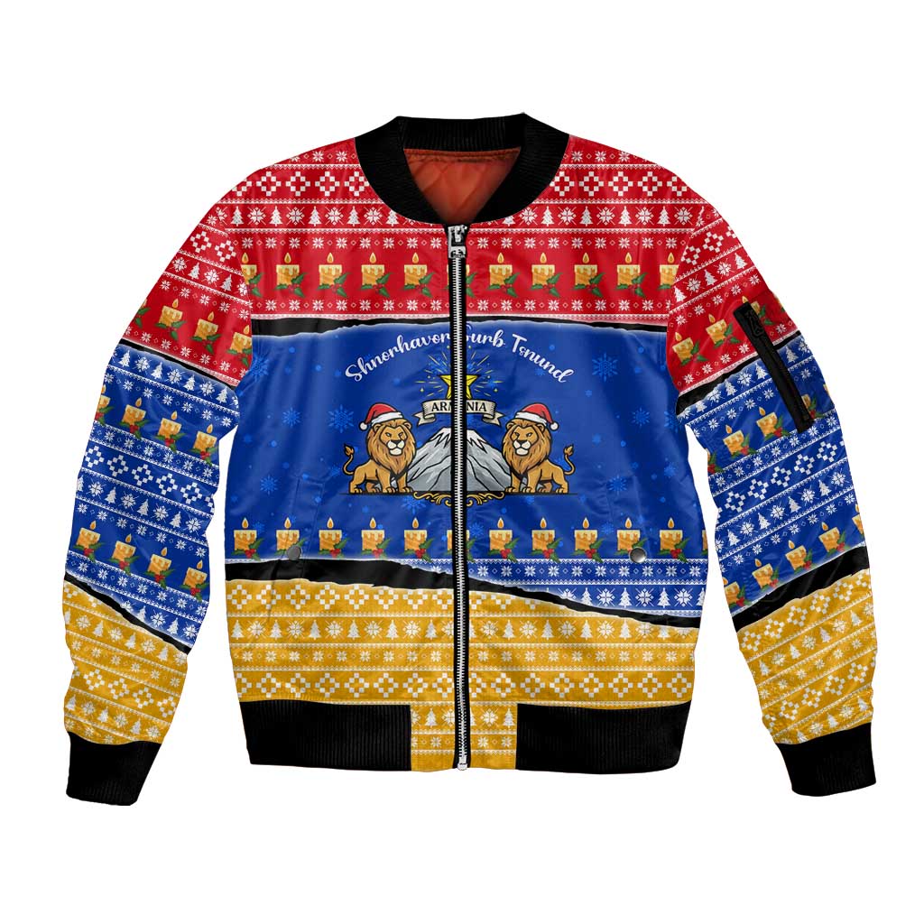 Armenia Christmas Sleeve Zip Bomber Jacket with Shnorhavor Surb Tsnund Lions Flag Colors and Coat of Arms - Wonder Print Shop