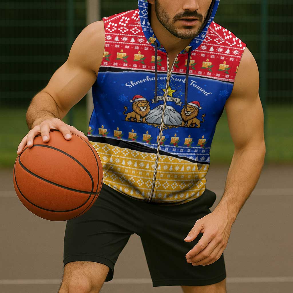 Armenia Christmas Sleeveless Zip Hoodie with Shnorhavor Surb Tsnund Lions Flag Colors and Coat of Arms - Wonder Print Shop