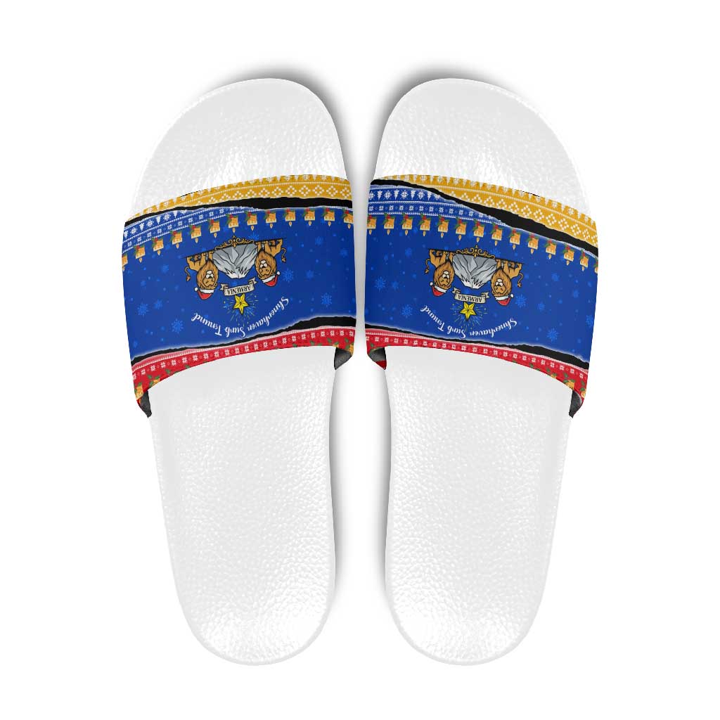 Armenia Christmas Slide Sandals with Shnorhavor Surb Tsnund Lions Flag Colors and Coat of Arms - Wonder Print Shop