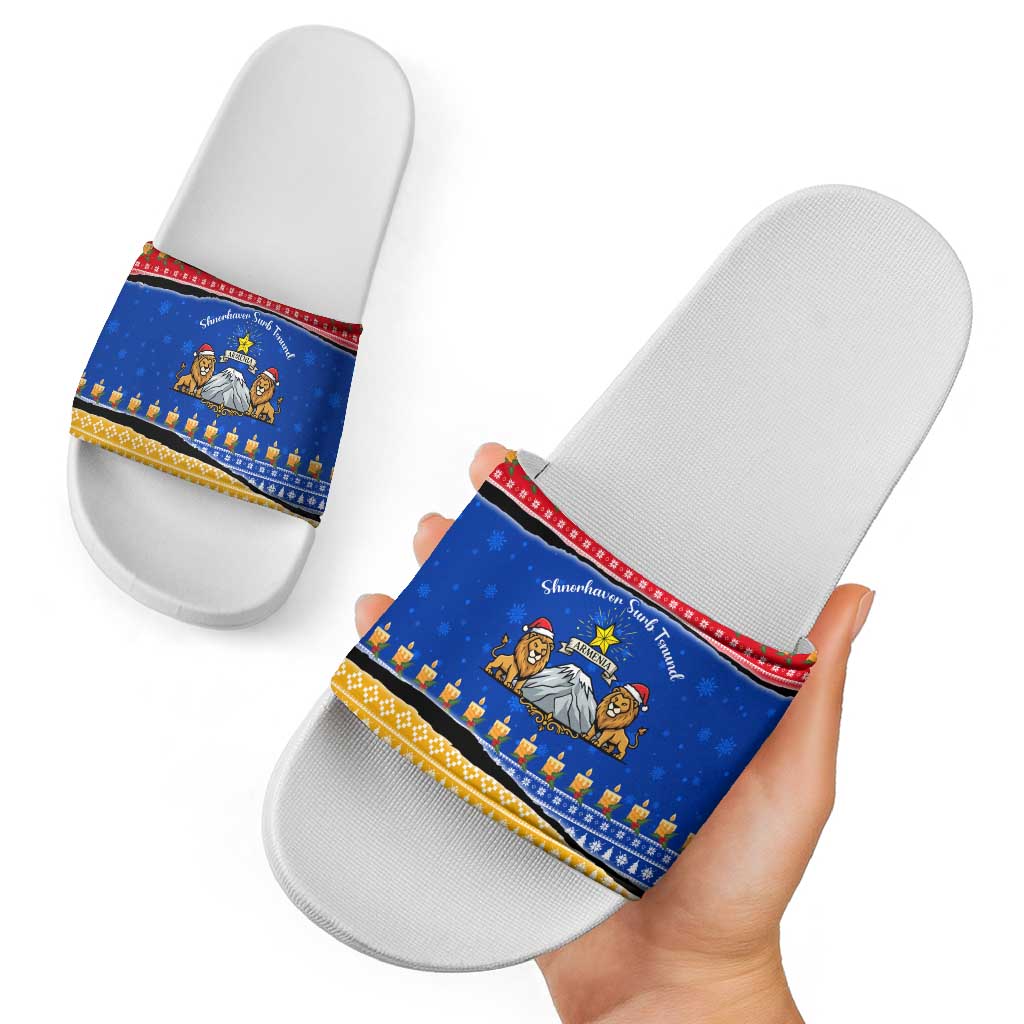 Armenia Christmas Slide Sandals with Shnorhavor Surb Tsnund Lions Flag Colors and Coat of Arms - Wonder Print Shop