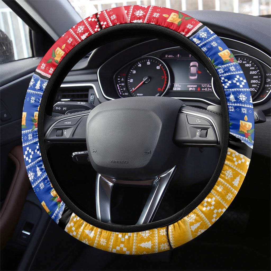 Armenia Christmas Steering Wheel Cover with Shnorhavor Surb Tsnund Lions Flag Colors and Coat of Arms - Wonder Print Shop