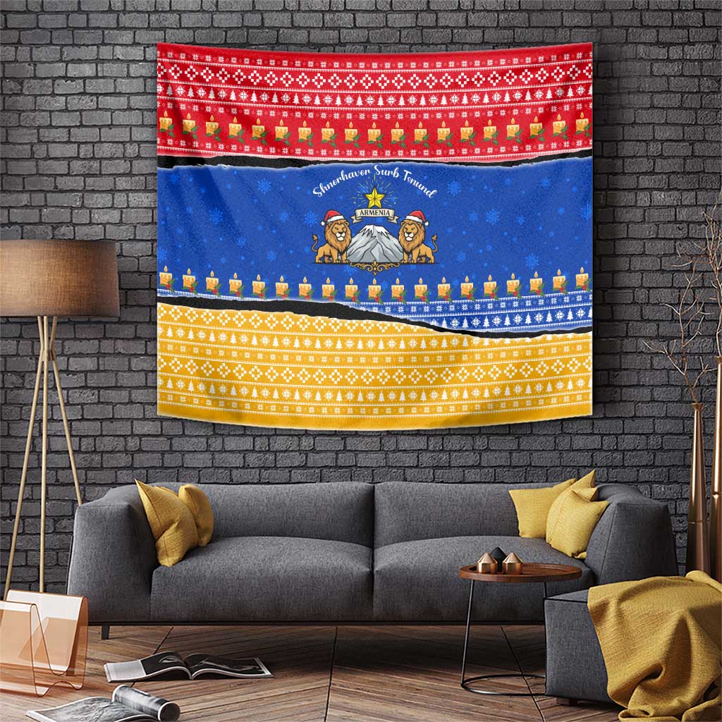 Armenia Christmas Tapestry with Shnorhavor Surb Tsnund Lions Flag Colors and Coat of Arms - Wonder Print Shop
