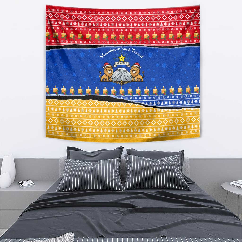 Armenia Christmas Tapestry with Shnorhavor Surb Tsnund Lions Flag Colors and Coat of Arms - Wonder Print Shop