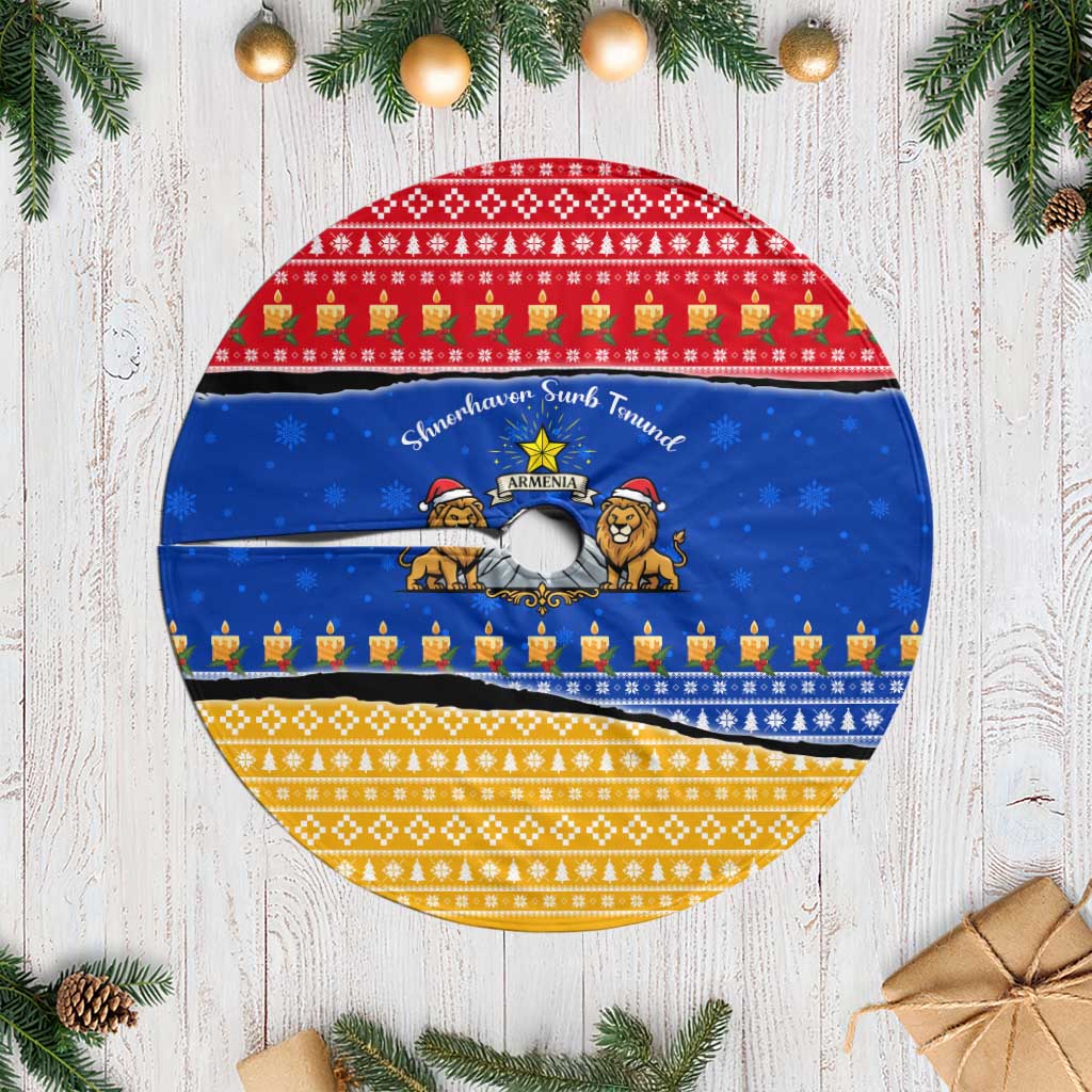 Armenia Christmas Tree Skirt with Shnorhavor Surb Tsnund Lions Flag Colors and Coat of Arms - Wonder Print Shop