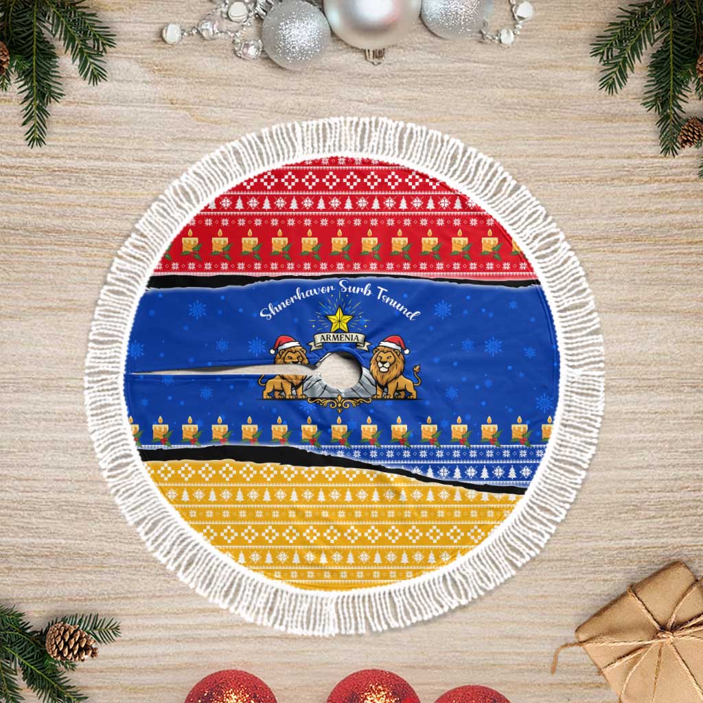 Armenia Christmas Tree Skirt with Shnorhavor Surb Tsnund Lions Flag Colors and Coat of Arms - Wonder Print Shop