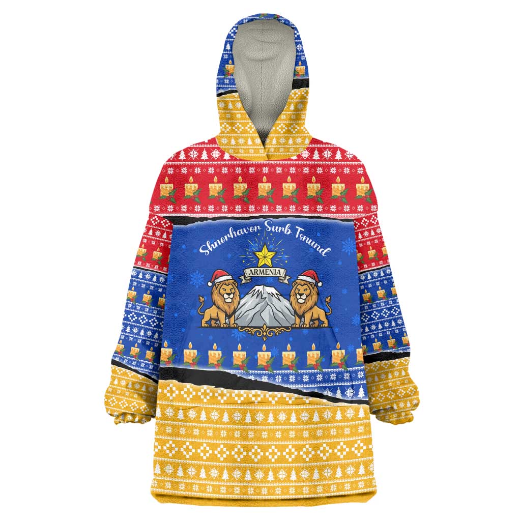 Armenia Christmas Wearable Blanket Hoodie with Shnorhavor Surb Tsnund Lions Flag Colors and Coat of Arms - Wonder Print Shop